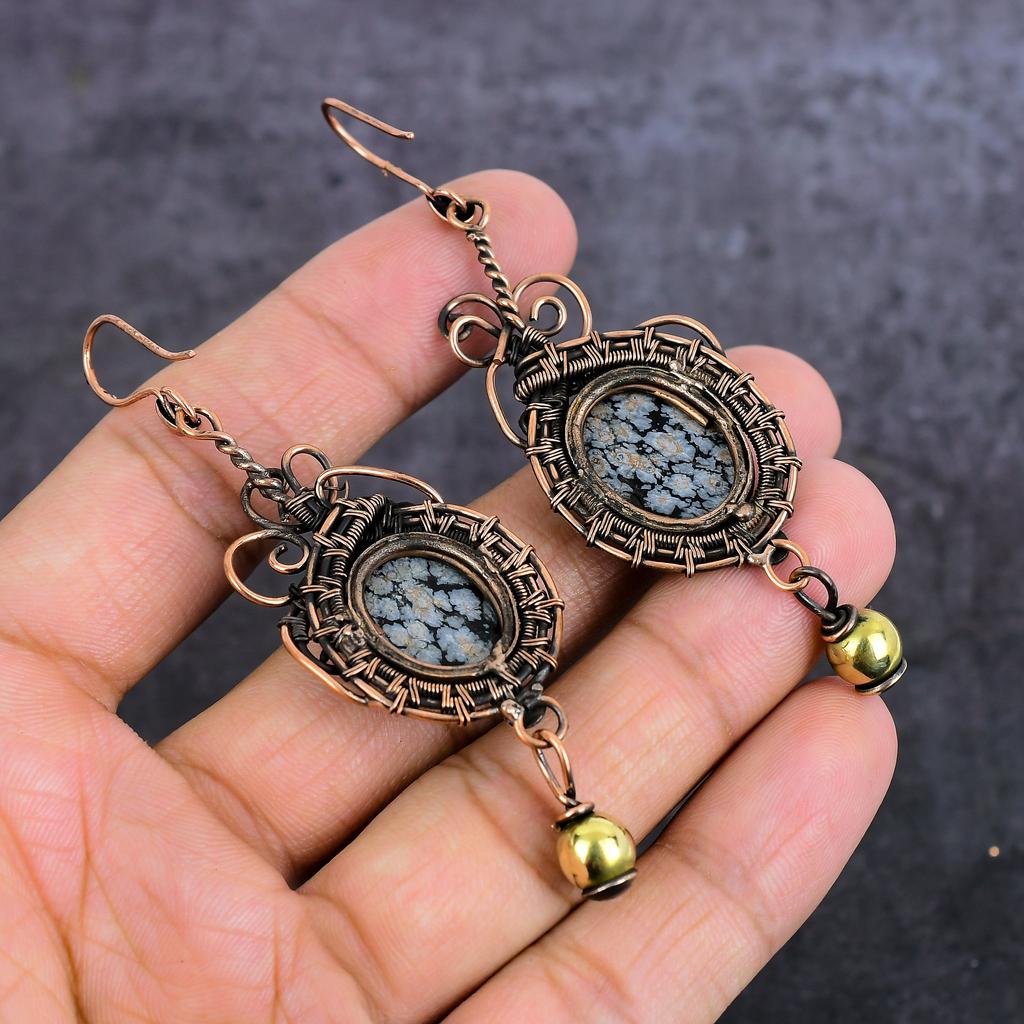 Обсидиан Снежный Ручной Работы Медная Проволока Обмотка Ювелирное Украшение Серьга 3.39" j7a27