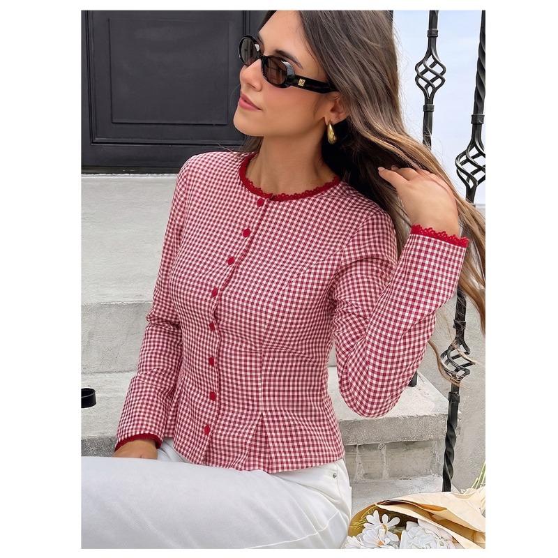 Women S Sweet Plaid Long Sleeve Shirt Lace Trim Fitted Short Blouse