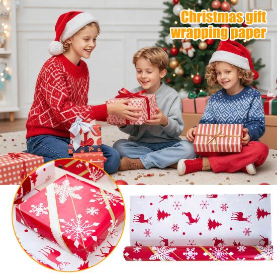 1 Rolls Double-Sided Christmas Gift Wrap Paper Large Wrapping Paper with Tree Snowflake Reindeer Patterns Holiday Gift Packaging Supplies
