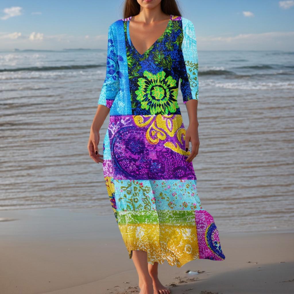 Women's Vintage Print Tunic Waisted Midi Dress Summer Casual 3/4 Sleeve Dress Dress