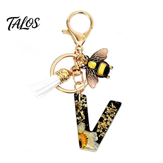 Talos Black Series Keychain Pendant, Dried Flower Initial Letter Charm Key Chain with Bee Tassel Design, A-Z Holder for Bag Purse Backpack