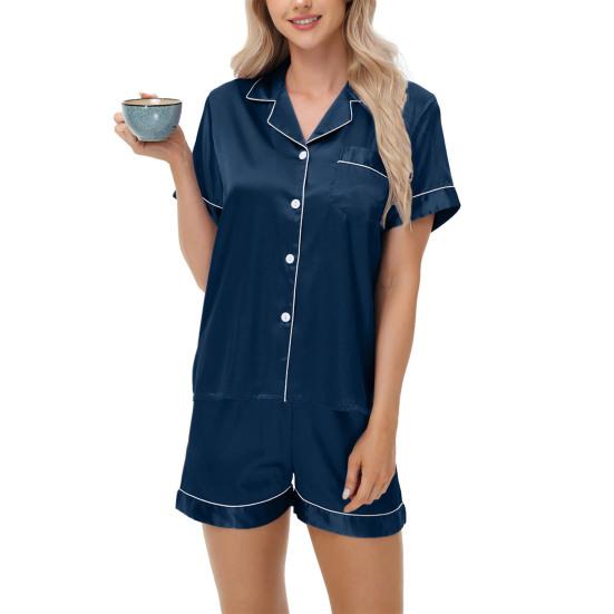 2 Pcs/Set Pajamas Suit Satin Single-breasted Cardigan Shirt V Neck Notch Collar Solid Color Shirt