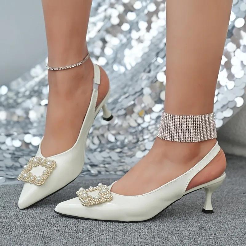Модная женская обувь 2025 Слипоны Женские туфли на высоком каблуке Модные туфли с бусинами Офисные и карьерные Новые Большой размер Бестселлер Босоножки с закрытым носком