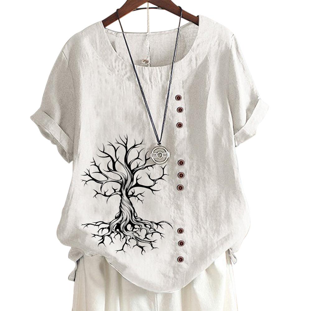 Women's Cotton Casual Top with 7 Unique Print Patterns, Round Neck, Short Sleeves, Button Embellishments