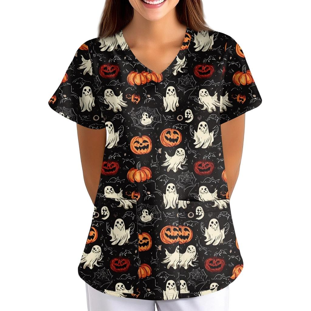 Женская Хэллоуинская Принтованная Свободная V-образная Горловина Карман Короткий Рукав Форма Форма