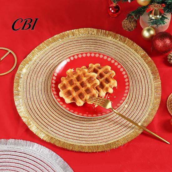 Holiday Placemats for Dining Table Christmas Round Mat with Tassel, Heat Resistant PP Placemat, Dinner Plate Mats Waterproof Decorative And