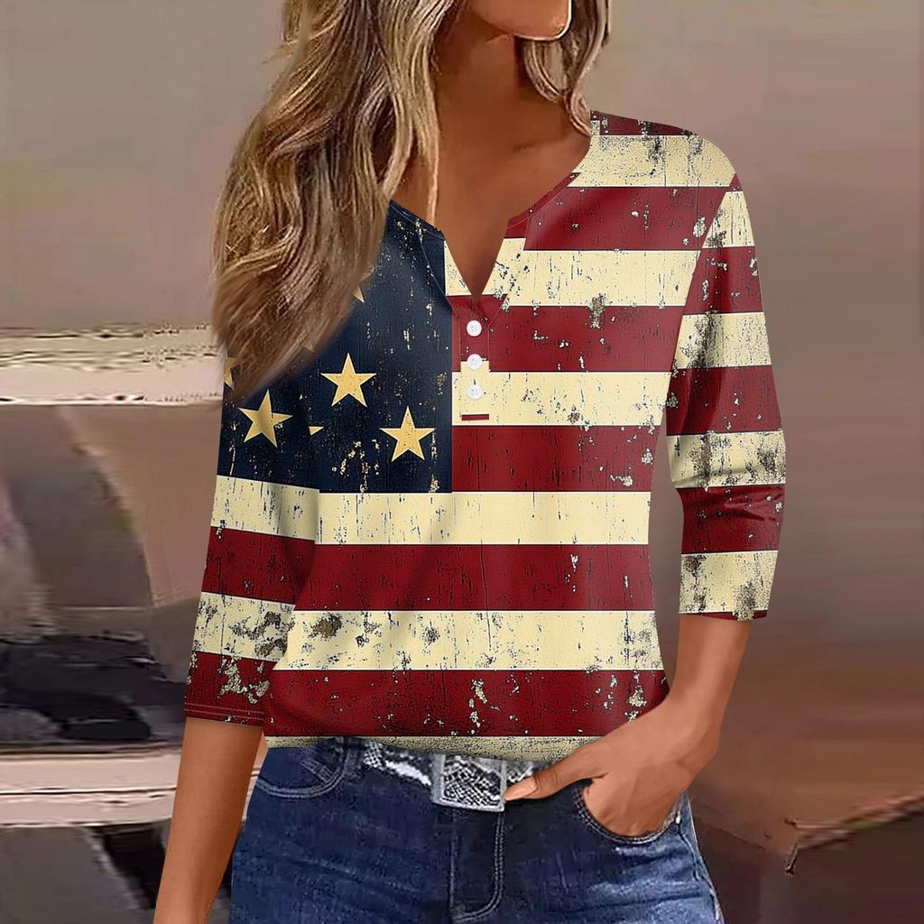 Women's T Shirt Tee Independence Day Printed Button  3/4 Sleeve Tunic Daily Weekend Fashion Basic V- Neck Regular Top