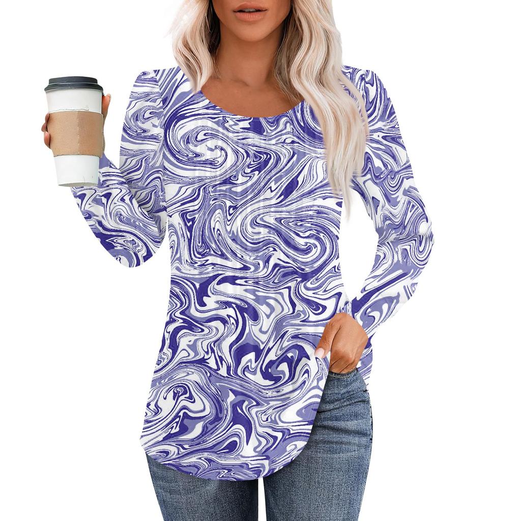 Рубашки с длинным рукавом для женщин, топы, нарядные повседневные блузки, плиссированные топы-туники с круглым вырезом