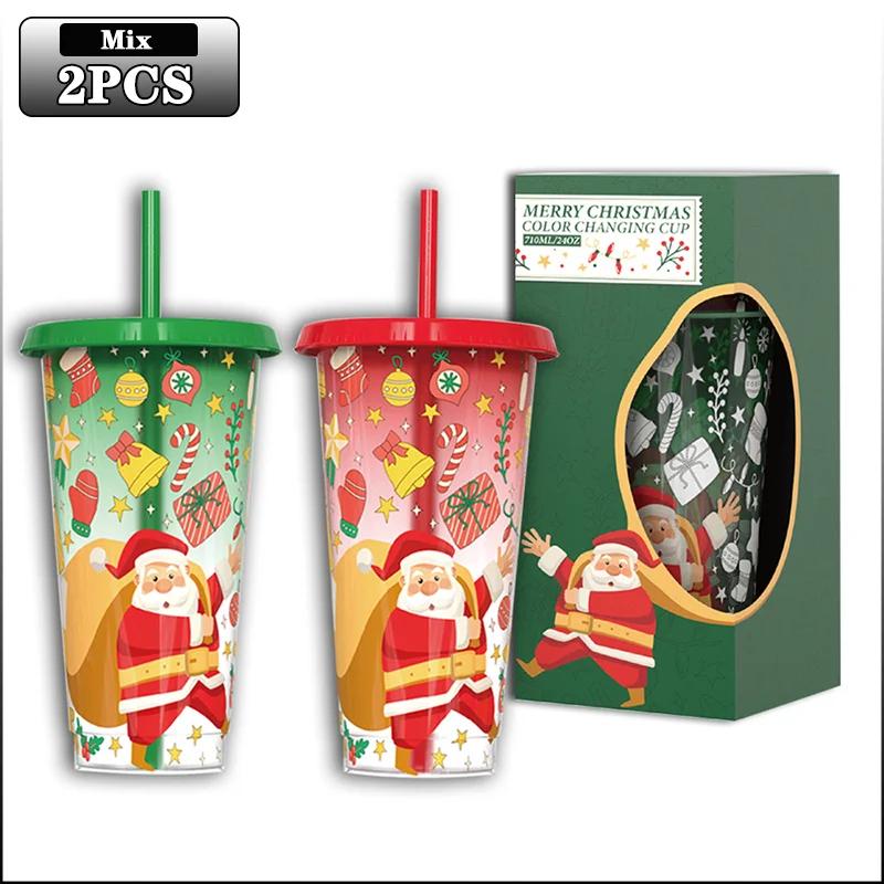 2Pcs Christmas Color Changing Mugs Large Capacity Father Christmas Straw Cups Reusable Drinkware for Home Party Holiday Gift
