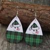 European & American Xmas Teardrop Green Plaid Leather Snowman Earrings