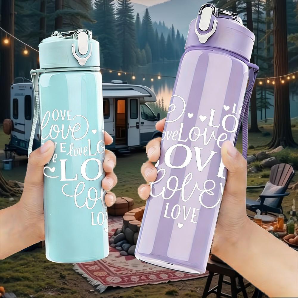 1PC Light Cursive Love Letter Print 750ml Color Plastic Sports Water Bottle Leakproof Flip Straw Lid Suitable for Sports Office Home Use