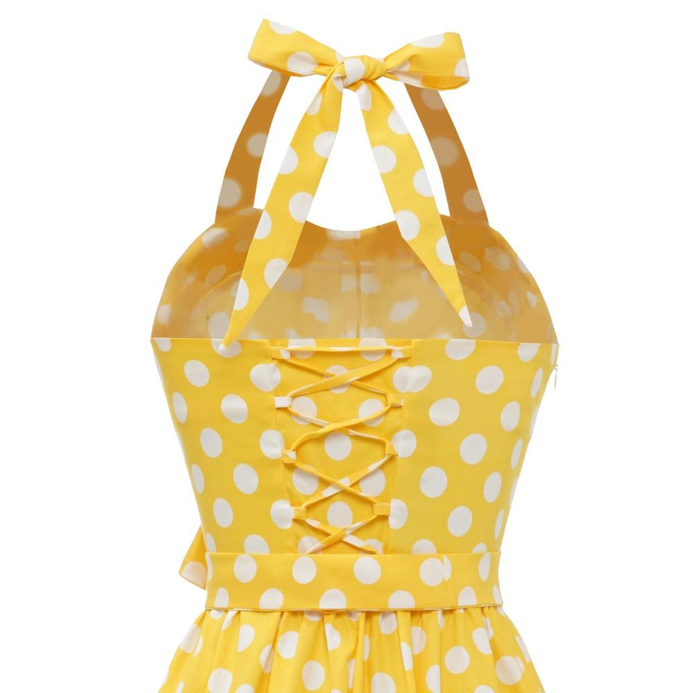 Retro polka-dot lace-up halter-neck flared ball gown performance dress, bohemian style