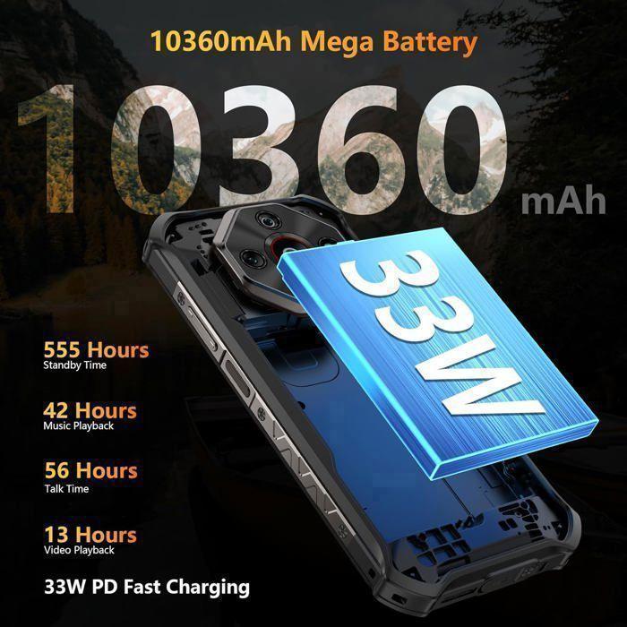 Smartphone Robuste Ulefone Armor X16 12Go+128Go 6,56" 10360mAh Telephone Portable Incassable Android 15 Double SIM/NFC/48MP Noir