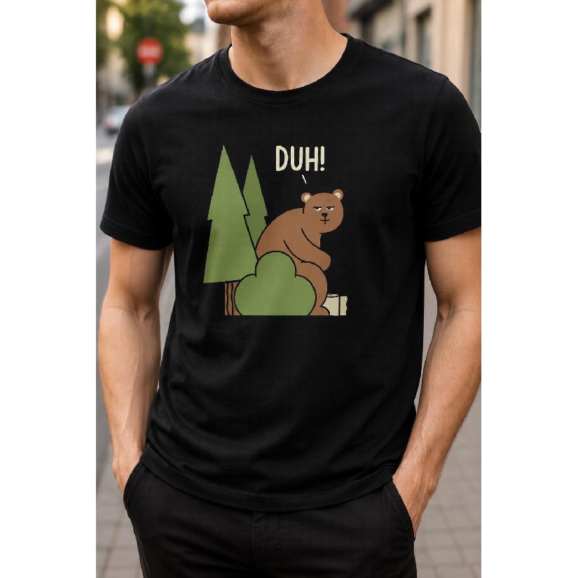 Plus Size - Men's T-Shirt S-5XL Featuring A Funny Bear Graphic With 'DUH!' Text And Trees, Casual Short-Sleeve Crew-Neck Top, Relaxed Fit, Breathable