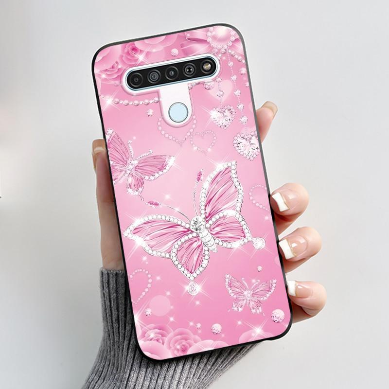 For LG Q61 LM-Q630N Slim Black Soft Silicone Case Luxury Fashion Flower Butterfly Painted Cover for LG K61 Q61 Q 61 Phone Casing