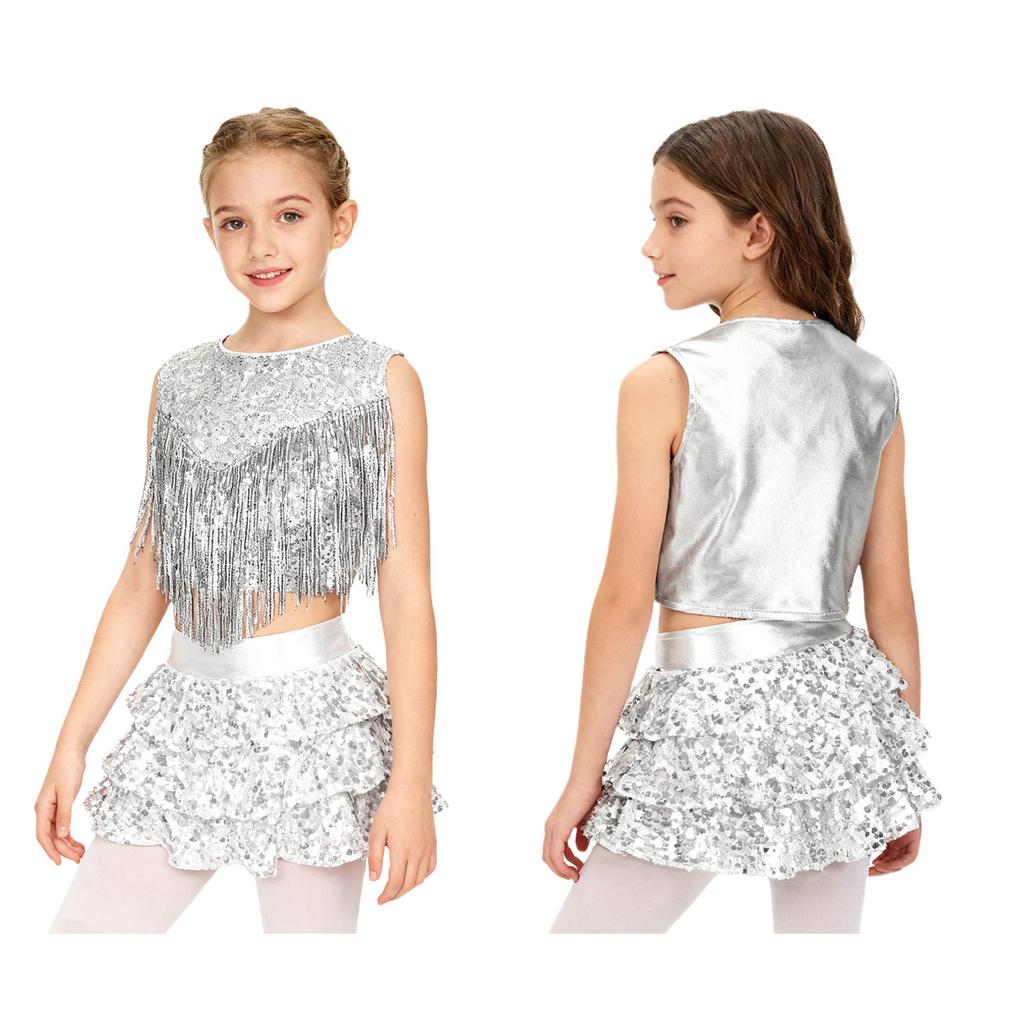 Complete 70s Disco Costume Set for Kids Girls: Shiny Metallic Top with Chest Tassels & Tiered Ruffle Shorts, 2-Piece Outfit
