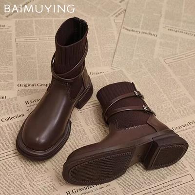 Женские ботильоны, вязаные на среднем каблуке, ретро-обувь, зимние классические массивные мотоциклетные ботинки 2024 года, тренд, новый бренд, готические ботинки Mujer