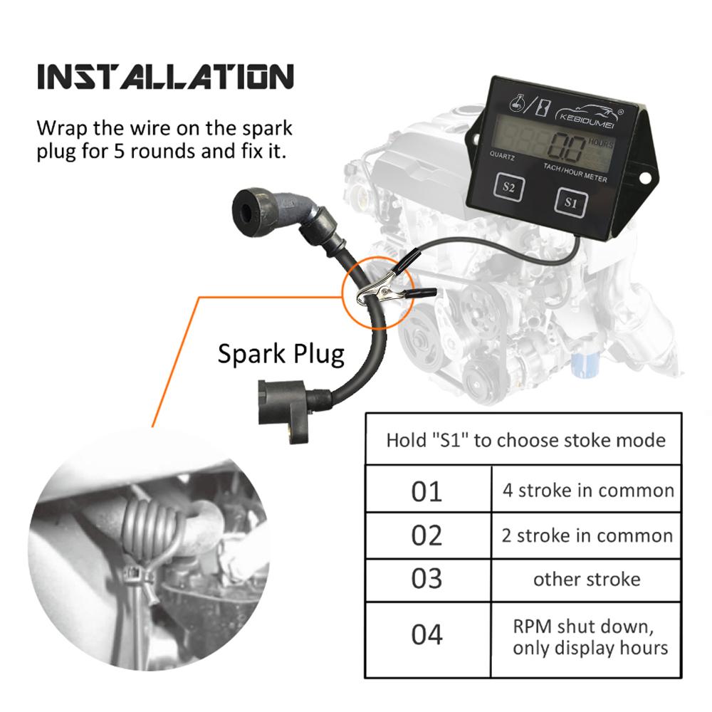 Цифровой тахометр двигателя Kebidumei, счетчик моточасов с зажимом, водонепроницаемый тахометр для 2/4-тактного двигателя, автомобиля, лодки
