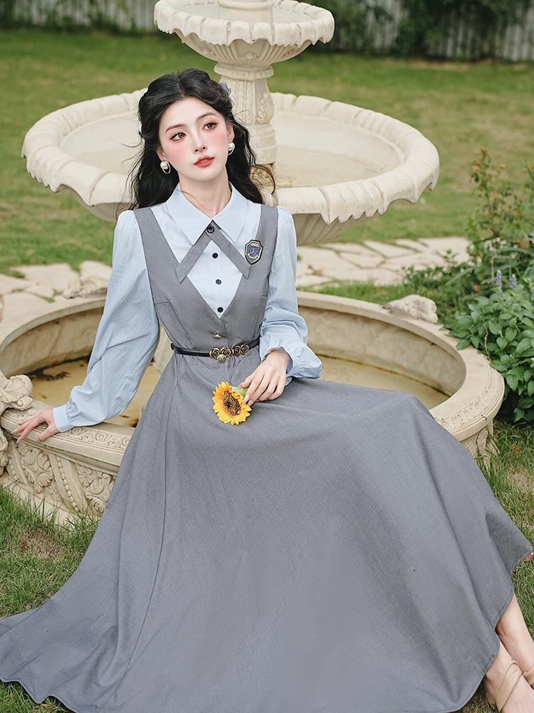 Ретро Академический Стиль Двухслойное Платье-Жилет с Рубашкой с Отложным Воротником