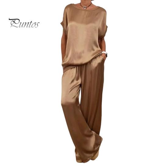 Комплект из 2 предметов: женский топ и брюки, атласная блузка с круглым вырезом и короткими рукавами, широкие брюки с эластичной резинкой на талии и карманами, повседневный свободный наряд для отдыха
