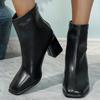 Fashion Elegant Square Toe Block Heel Ankle Boots for Women PU Leather Back Zipper Short Boots Woman Fashion High Heel Botas Mujer 2025