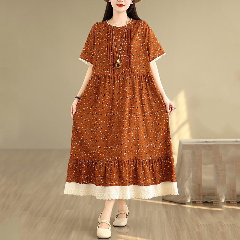 Короткий рукав Плюс размер Хлопок лен винтажный цветочный новый в платьях для женщин повседневное свободное длинное летнее платье