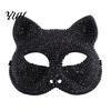 Dazzling Theme Dance Accessory Full Rhinestone Halloween Mask, Sparkling Skull And Cat Face Cosplay Costume Props Adjustable Elastic Straps