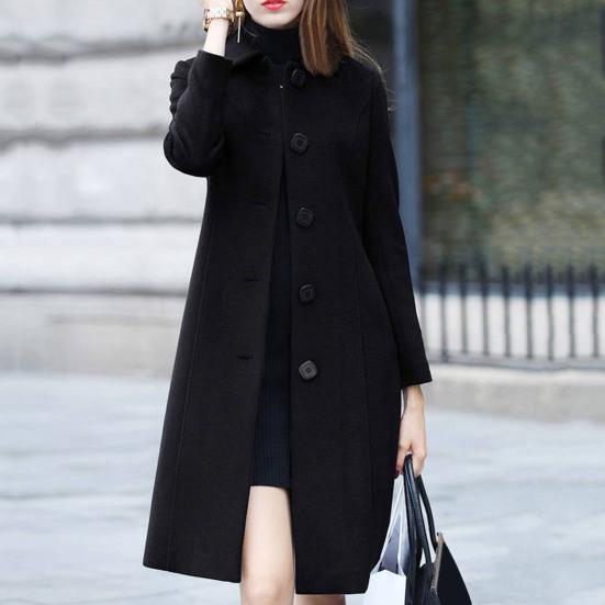 Lady Fall Winter Woolen Coat Turn-down Collar Single-breasted Loose Mid Length Thick Keep Warm Overcoat for Commuting Dating Travel