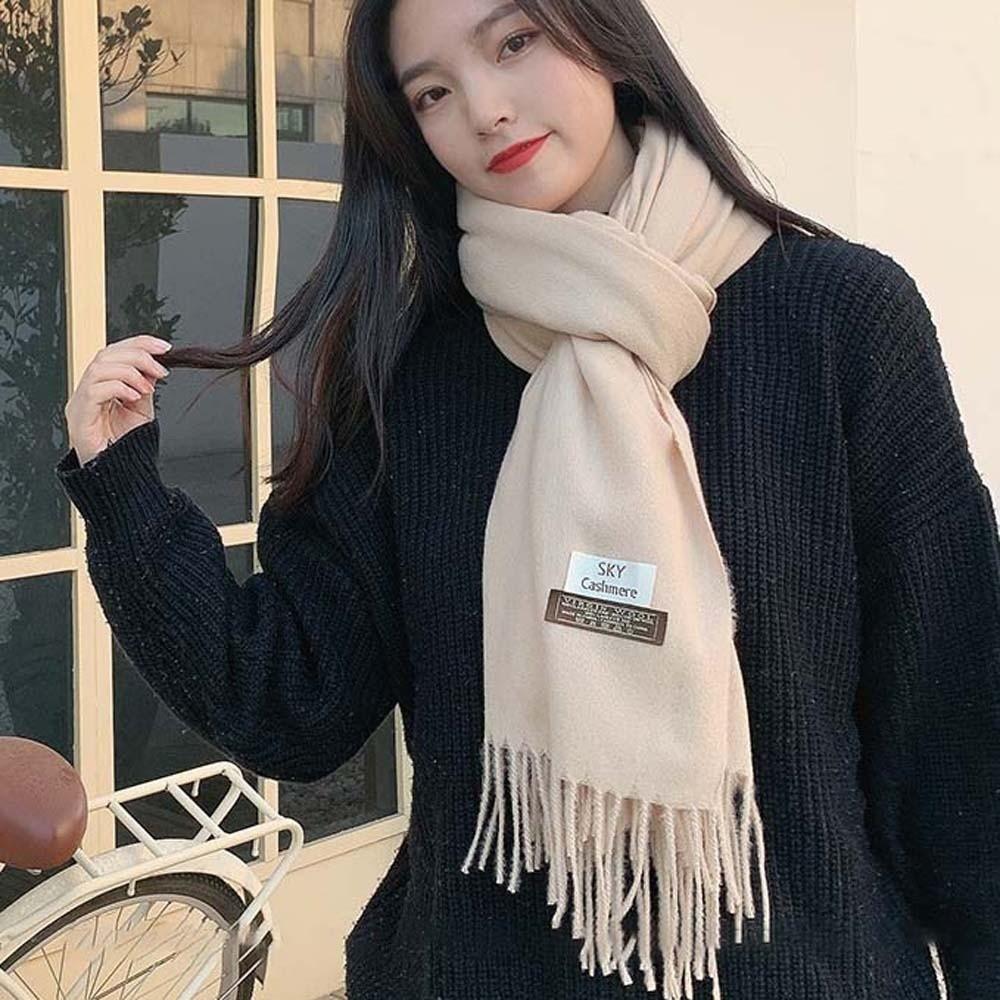 Windproof Solid Color Shawl Polyester Long Neckscarf with Tassel Classic Wool Scarf Winter