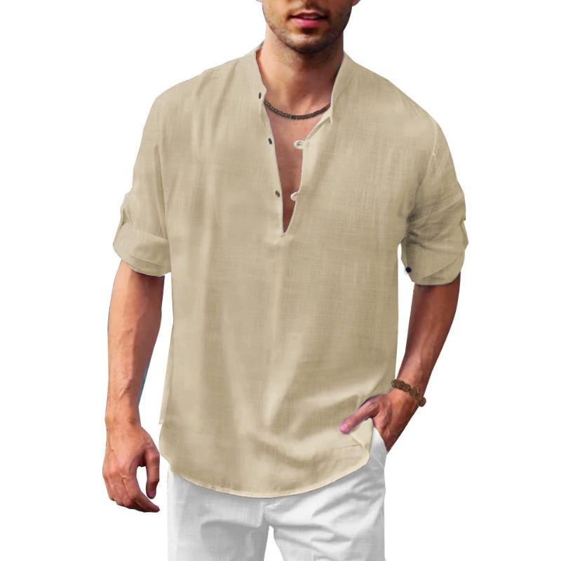 Men Linen Blend Stand Collar Shirt Casual Half Button Roll Up Sleeve Solid Blouse