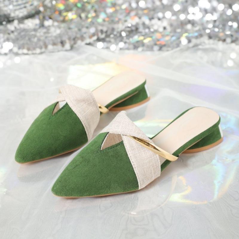 Fashion Women's Low-heeled Sandals Fashion Pointed Shallow Mouth Metal Decoration Soft Soled Slip-resistant Wear Slippers