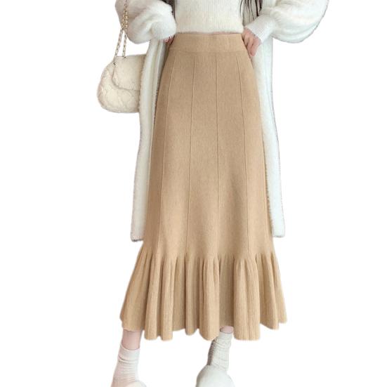 Женская трикотажная юбка с высокой талией, однотонная плиссированная юбка с оборками и швами по низу, юбка с запахом на бедрах, осенне-зимняя юбка миди