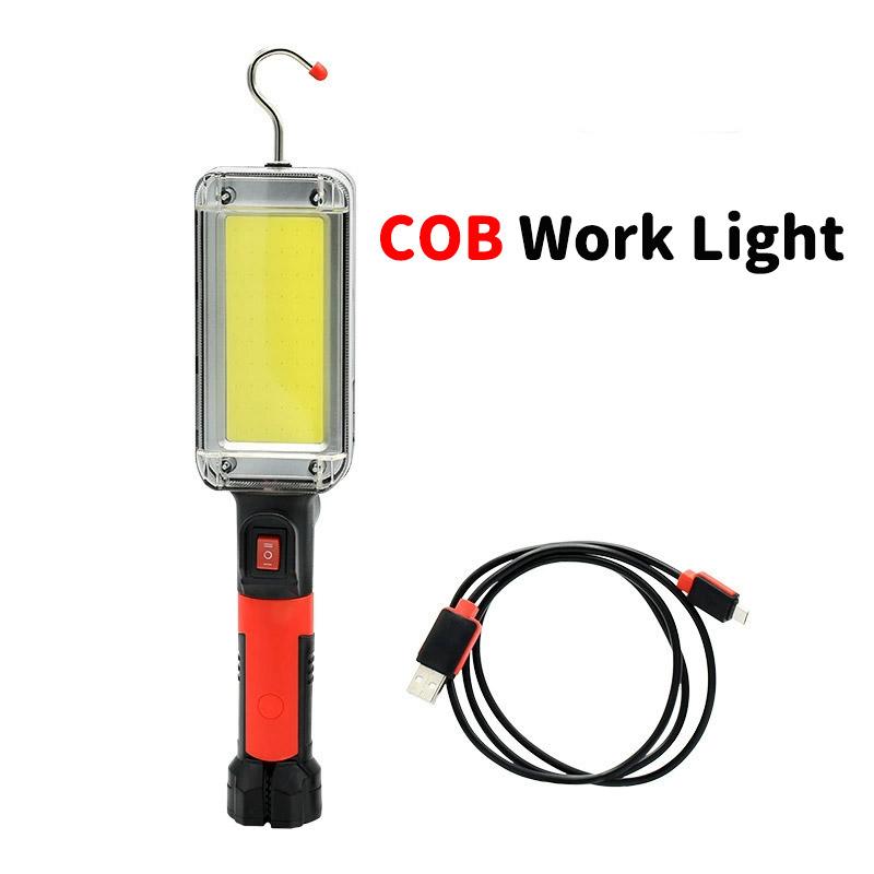 Портативный COB фонарь USB-перезаряжаемый светодиодный фонарик Автомобильный ремонт Кемпинг Рабочая лампа Использование 2*18650 аккумулятора с крючком и магнитом