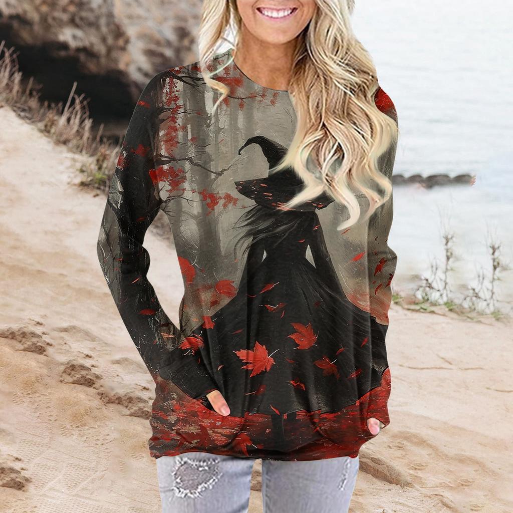 Женская модная повседневная футболка с круглым вырезом и принтом, длинными рукавами и карманами