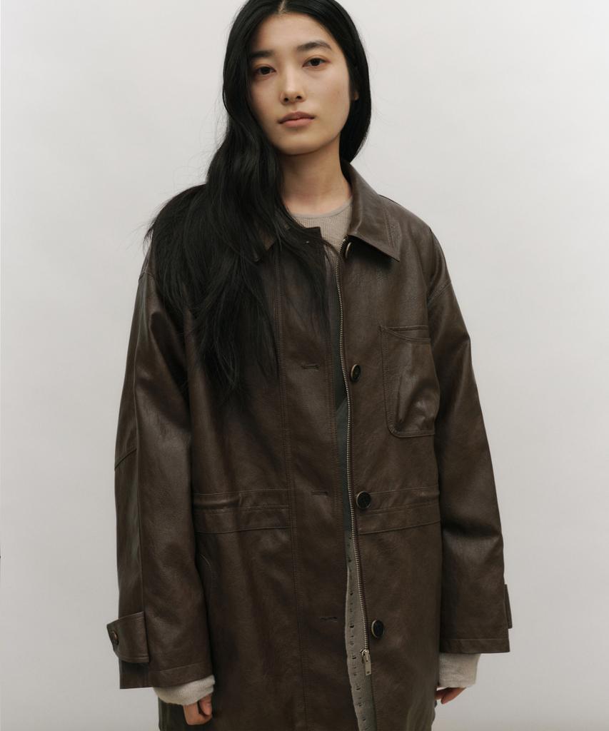 LOW TIDE Drawstring Leather Half Jacket [Brown]