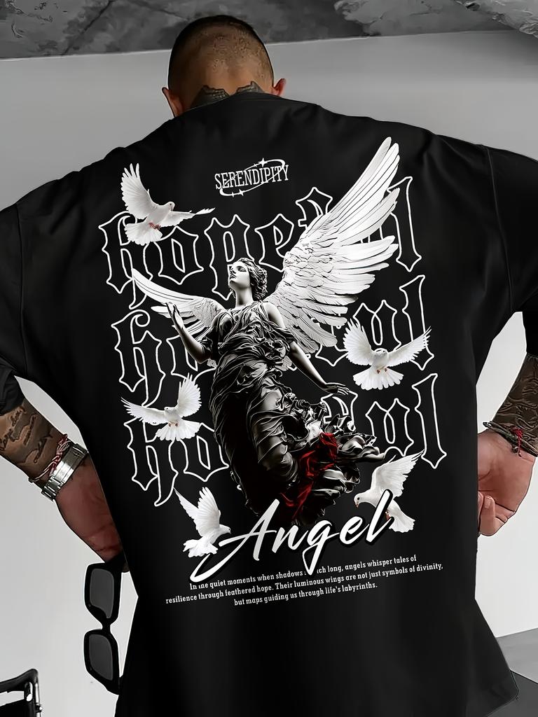 Men's Black Graphic T-Shirt with Angel Dove Print Gothic Lettering Inspirational Text  Loose Fit Casual Short Sleeve