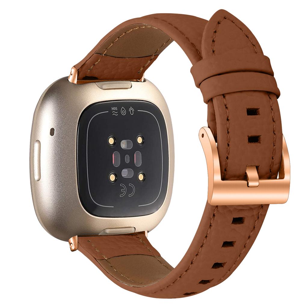 Litchi Textured Genuine Cow Leather Strap with Electroplated Buckle for Fitbit Versa 3/Sense Pointed-End Watch Band