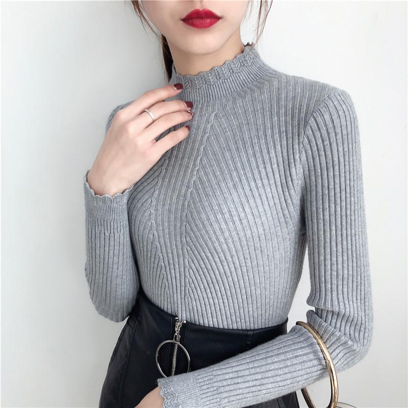 Long Sleeved Bottoming Knitted Sweater Women Autumn Winter Laciness Mock Neck Tight Fit Pullover Top