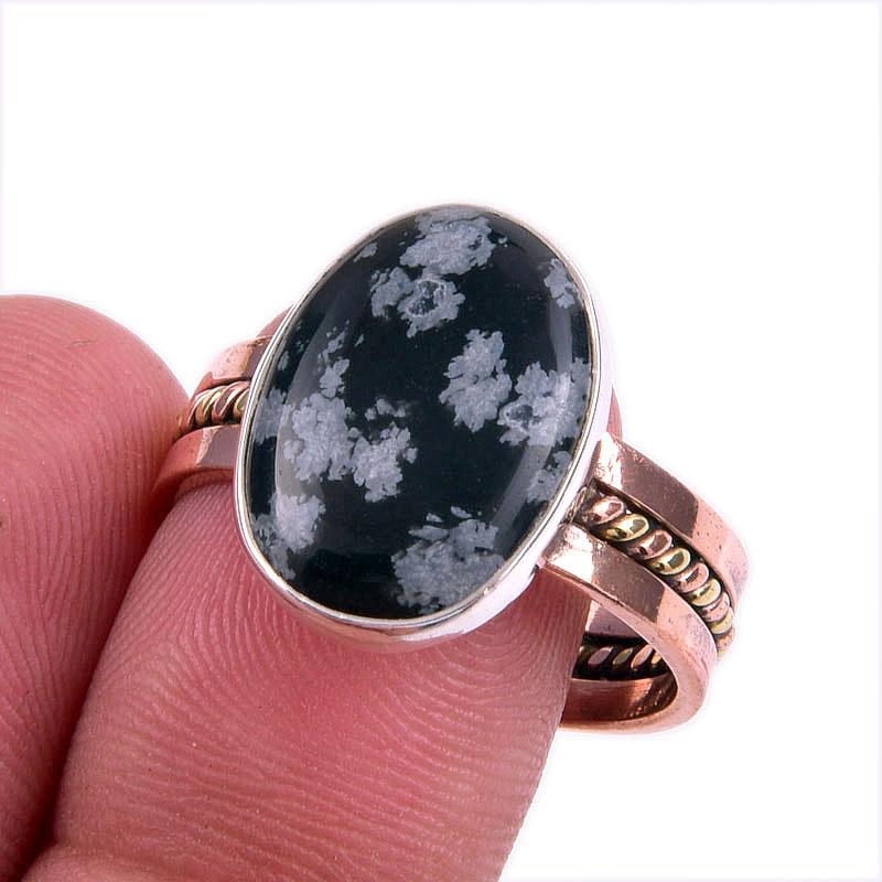 Натуральный камень Снежный обсидиан Серебро 925 пробы Двухцветное кольцо S.9.5 o0K79