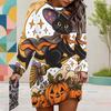 Women Plus Size White Round Neck Long Sleeve Halloween Raccoon Printed Mini Sweatshirt Dress Ribbed Cuffs
