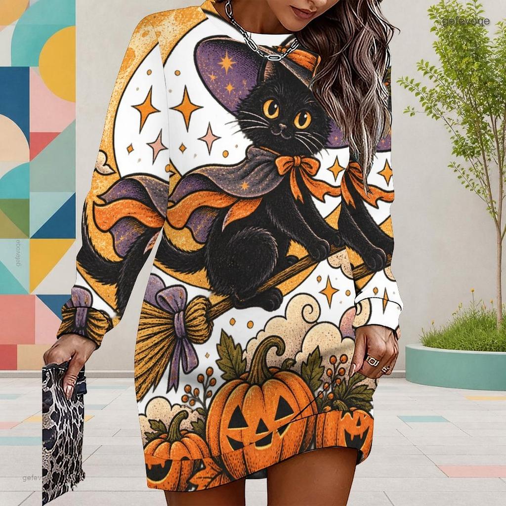 Women Plus Size White Round Neck Long Sleeve Halloween Raccoon Printed Mini Sweatshirt Dress Ribbed Cuffs