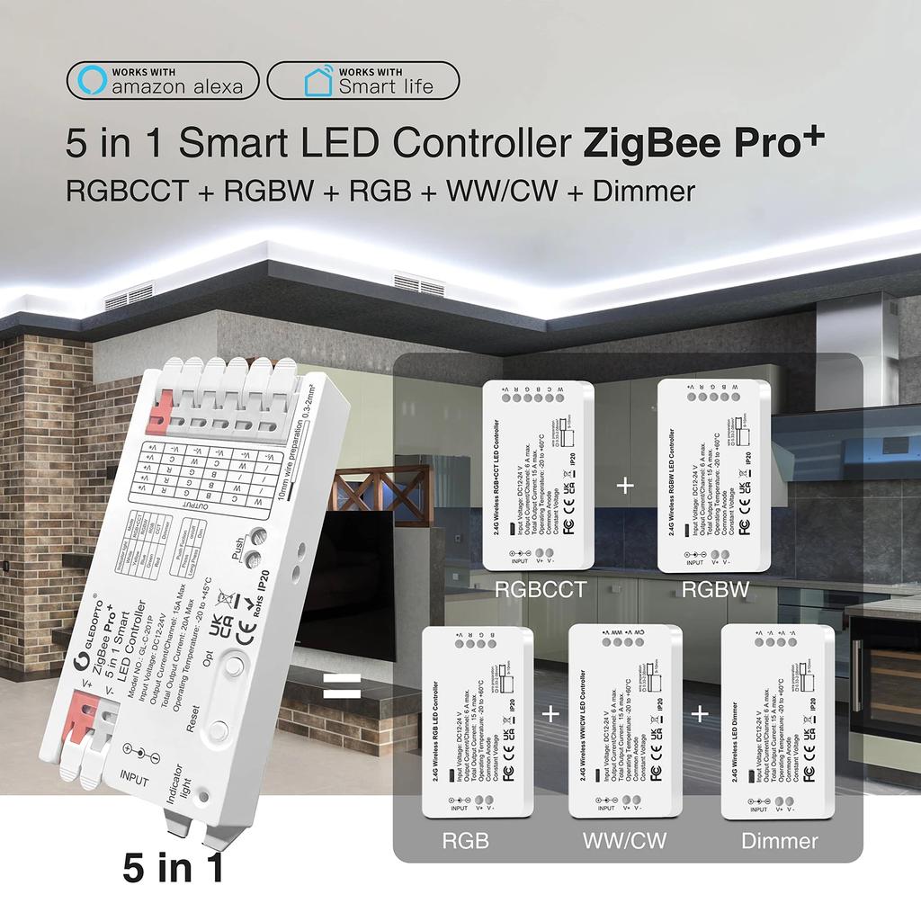 GLEDOPTO ZigBee 3.0 Pro+ LED Controller 5 In 1 RGB CCT RGBW RGBCCT Strip Light Dimer Alexa Homey Tuya Smart APP Voice Control