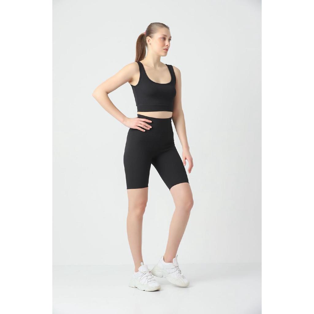 Black Comfortable Flexible Ribbed Sports Bra - Biker Tights Set