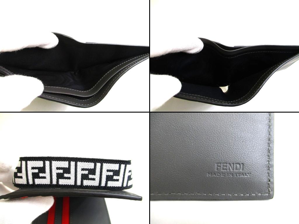 Authentic FENDI Gray Red Leather Bifold Bil Wallet Compact Wallet #b175 Certified - Refurbished