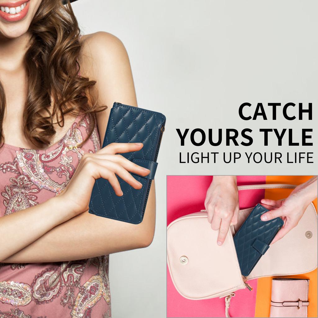 For iPhone 14 Pro Max Leather Case with Card Holder,RFID Blocking Wallet Phone Cover Rhombus Pattern