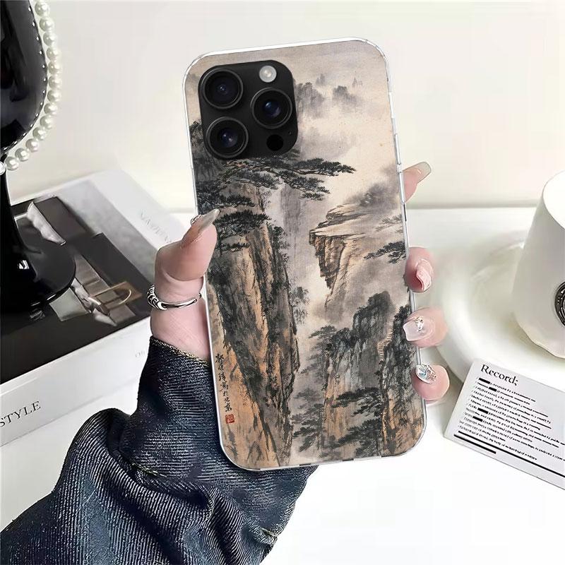 Мягкий чехол для телефона в китайском стиле с рисунком тушью Для IPhone 18 11 17 Air 16E 16 Pro Max 15 + 14 Plus 13 Mini 12 Apple 7 SE 8 Fundas C