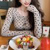 Женский топ Spicy Girl в горошек и цветовые блоки, с длинным рукавом, приталенный - Осень/Зима