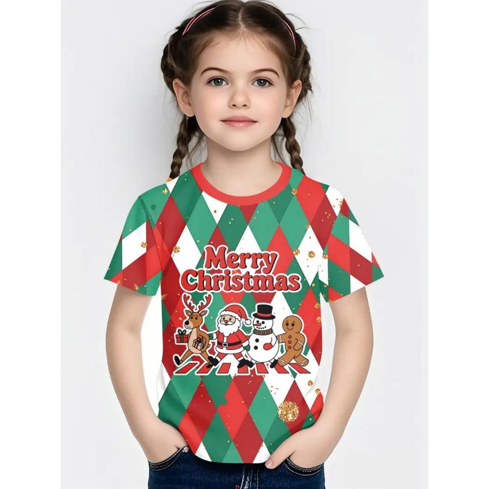 Girl T-shirt Snowman 3D Printed Girl Short sleeved T-shirt Santa Claus Boy Children's T-shirt Fashion Christmas Happy Children's Clothing