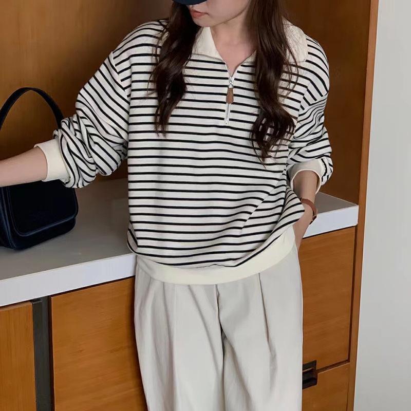 Свитшот с лацканами, женское тонкое осеннее пальто, полосатый топ с длинными рукавами, новая тенденция в виде рубашки поло на молнии