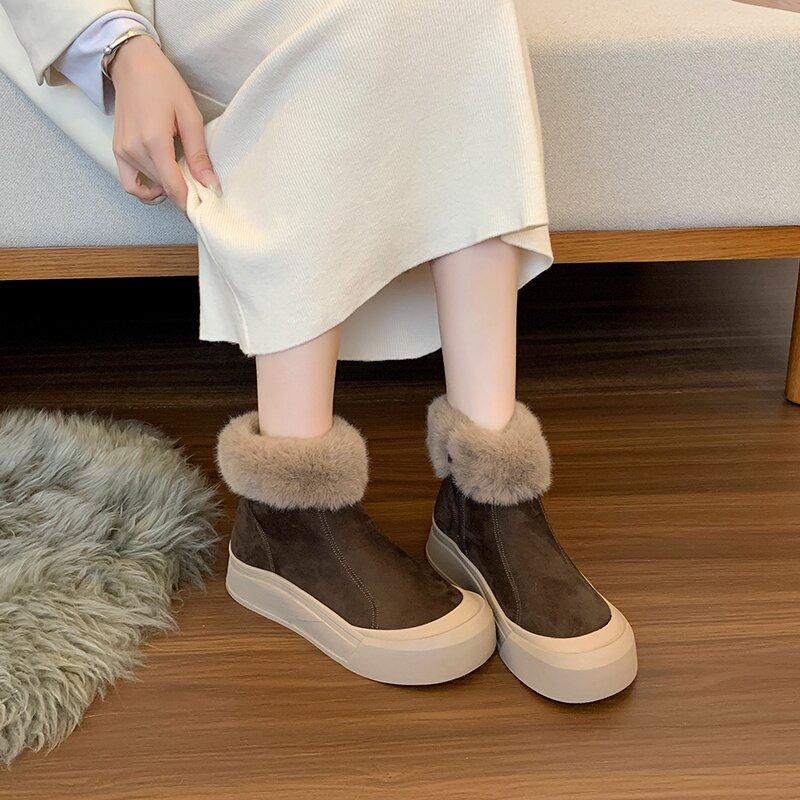 Ботильоны женские на меховой платформе для снега, замшевые балетки, плюшевые теплые хлопковые туфли, тренд 2025 года, удобные зимние модные повседневные ботинки для женщин